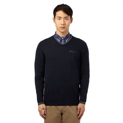 Big and tall navy tipped v neck jumper
